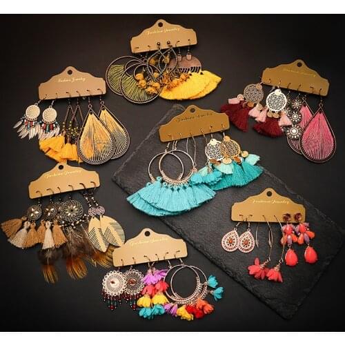 2021 Hot Selling 3 Pairs/set Big Vintage Fringed Tassel Drop Earrings Set Women Ethnic Boho Feather Long Flower Earring Jewelry