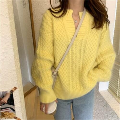 V-neck Vintage Chic All-match Simple Solid Sweater for Ladies Elegant Sweet Outgoing Streetwear Winter Fashion Pullover 2020