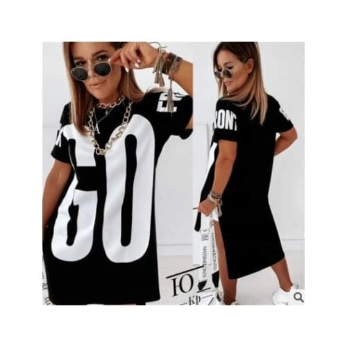2021 New Basic Loose Round Neck Letter Print Dip Hem T-Shirt Dress Cotton Casual Short Sleeve Summer Women Dress