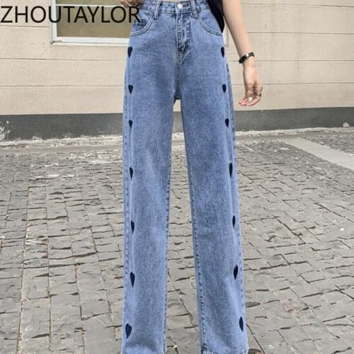 ZHOUTAYLOR women jeans fashion sweet Full Length Zippers Button Wide Leg Pants femme Casual Loose Autumn new female trousers