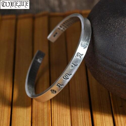 100% 990 Silver Tibetan OM Mantra Bangle 990 Silver Buddhist Heart Sutra Cuff Bracelet Real Silver Good Luck Women Bangle
