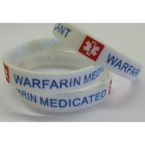 100pcs Debossed filled WARFARIN medicated wristband silicone bracelets free shipping by epacket A