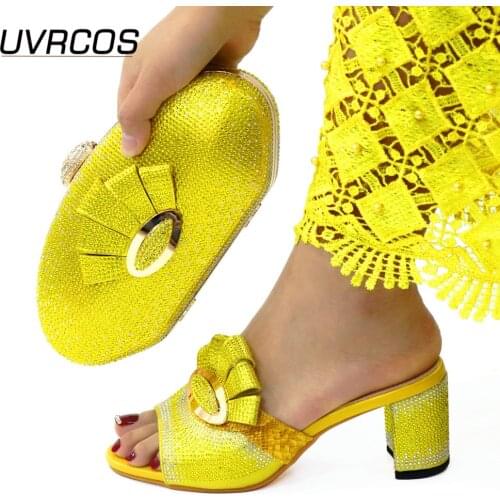 2021 Lastest Italian Design Fashion Beautiful Decoration Style High Heels Ladies Shoes and Bag Set in Yellow Color for Party