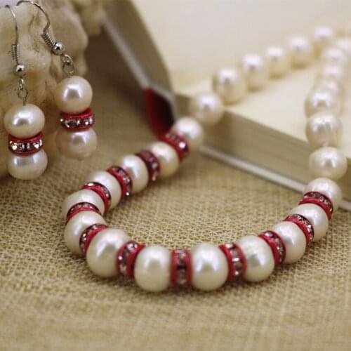 9-10mm natural white freshwater cultured pearl beads necklace earrings bride gifts charms high quality jewelry set 18inch B3105