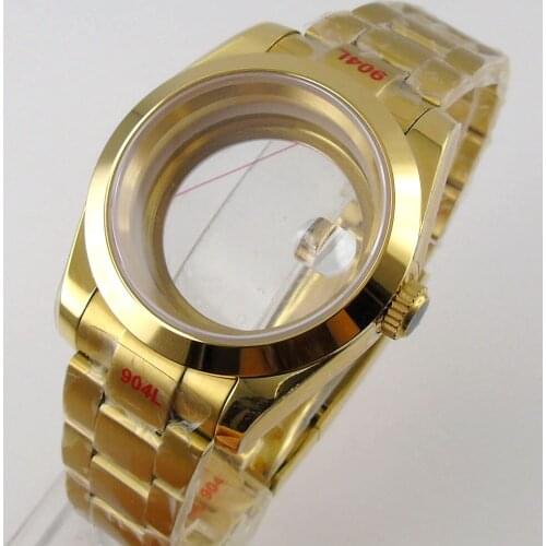 39mm Yellow Gold Coated Polish Bezel Nologo Watch Case Glass Back/Sold Back fit NH35A NH36A ETA MIYOTA MOVEMENT
