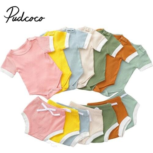 2021 Baby Summer Clothing Baby Ribbed Casual Suit, Round Neck Short Sleeve Stitching Color Romper, Bow Loose Elastic Shorts