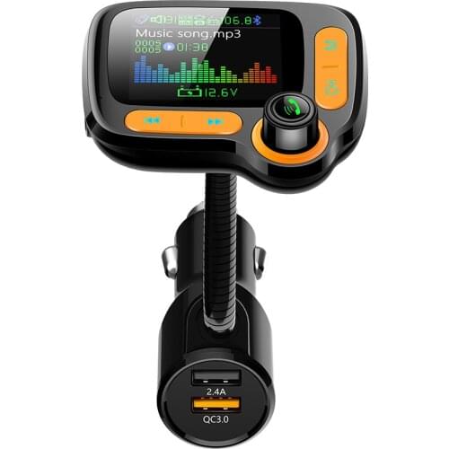 FM Transmitter Modulator Aux Bluetooth 5.0 Handsfree Car Kit QC3.0 Fast Charger l USB Support SiRi TF Card for four Device