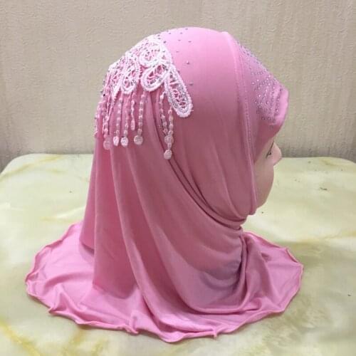 H142 fit 2-6 years old small girl hijab hats with lace muslim scarf islamic headscarf hat amira pull on headwrap