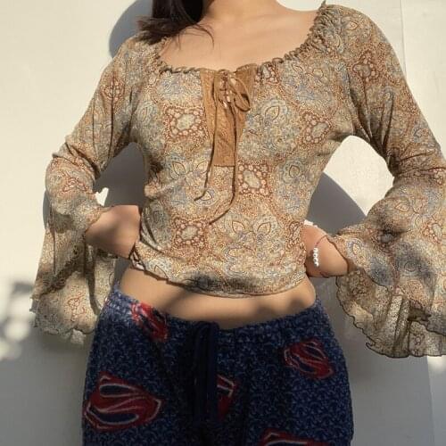 Hirigin 90s Vintage Fairy Grunge Shirts Elegant Women Ruffles Flare Sleeve Y2K Autumn Fashion Harajuku Graphic Print Crop Tops