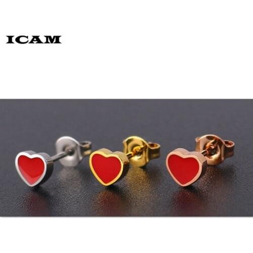 ICAM Stainless Steel Ear Stud kids Cute Earrings For Womens Red Enamel Heart Earrings Party Jewelry Gifts Girls