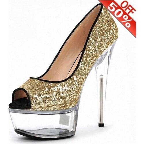 Classics Fashion Gold Bling Peep Toe Crystal Pumps 6 Inch Stiletto Heels Platform Party Shoes 15cm Retro Girl Bride Wedding New