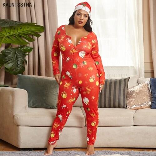 Autumn Winter Sexy Onesies For Adults Long Sleeve V-neck Print Pajama Romper Women Nightwear Christmas Onesies Plus Size S-5XL