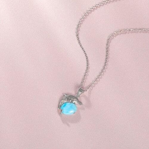 Larimar Fine Jewelry Rhodium Plated 925 Sterling Silver Sets Classic Fashion Pendant Necklace Natural Woman Dolphin Sea Life