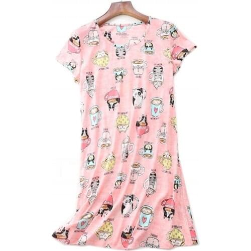 2021 Female Summer Casual Cartoon Loosen nighty dress Ladies 100% Cotton Nightgown Women Short Sleeve Round collar sleepshirt