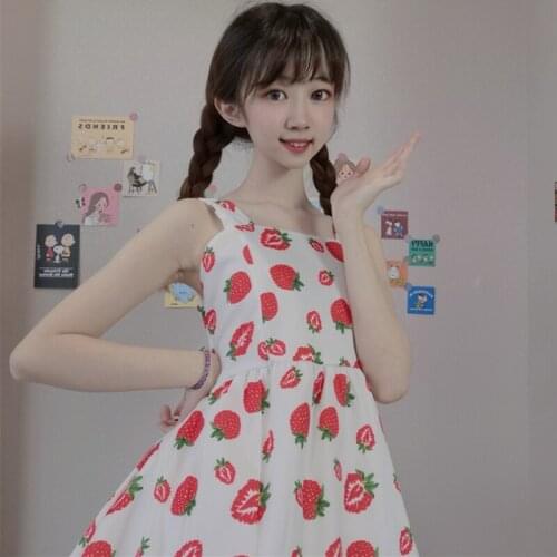 Sweet Japanese-Style Academic Strawberry Print Sleeveless Dungaree Dress Womens New Summer All-match Cute Vest Lolita dress