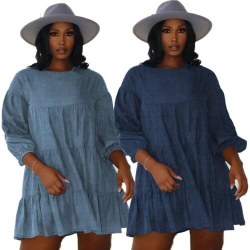 Echoine three quarter sleeve Lantern Sleeve Mini Dress Ruffle Blue Loose Casual Dresses Autumn Elegant Vintage Denim Dresses