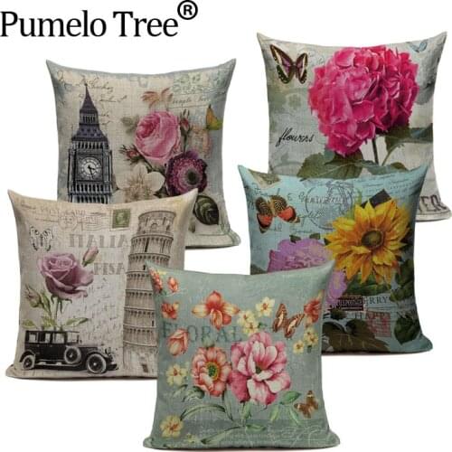 Retro Home Decorative Lavender Printed Cushion Cover Cotton Linen For Chair Purple Flower Pattern Throw Pillow Case Cottom Seat