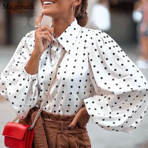 New Office Lady White Blouse Shirt Women Polka Dot Lantern Sleeve Women Blouses Tops Plus Size Loose Female Shirt Blusas 12372
