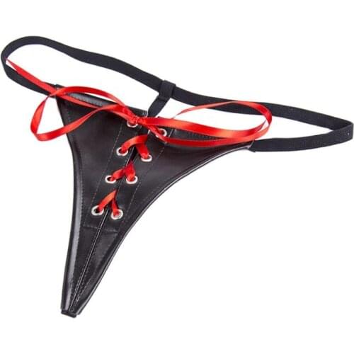 New Listing Women Sexy Lingerie Bondage Harness Thong Female Red Bow PU Leather Erotic G-string Lace up Panties Fetish Underwear