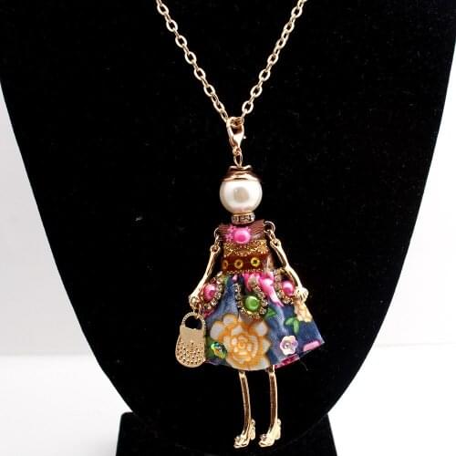 Charm Statement Flower Doll Necklace Long Gold Chain Dress Handmade French Doll Pendant News Alloy Girls Women Fashion Jewelry