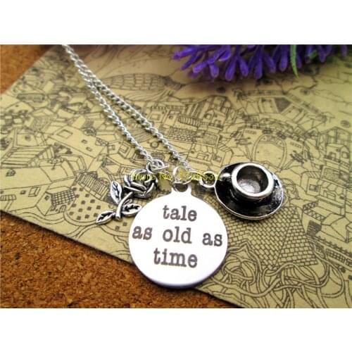 12pcs/lot Fashion stainless steel tale as old as time antique silver beauty/cup Princess Inspired Bridesmaid necklace