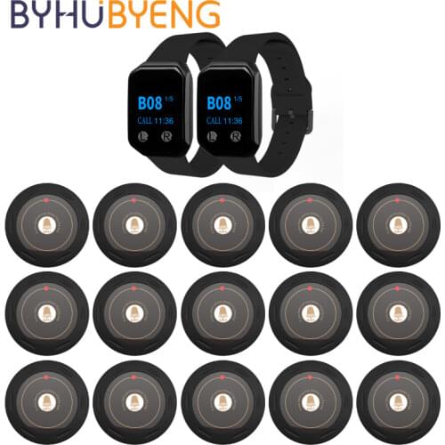 BYHUBYENG Restaurant Pager 2pcs Watch Receiver 15 Pcs Call Button Transmitter Wireless Waiter Calling System Factory Cafe