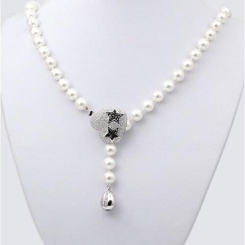 Anniversary Gift Sterling Silver Zircon Heart Shape Magnetic Clasp Shell Pearl Sweater Chain Necklace Costume Jewelry SPN-D011