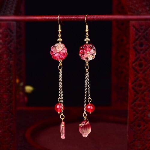 Korean Red Coloured Glaze Leaves Pendant Earrings Classical Color Retaining Copper Eardrop Woman Jewelry Personal Gift