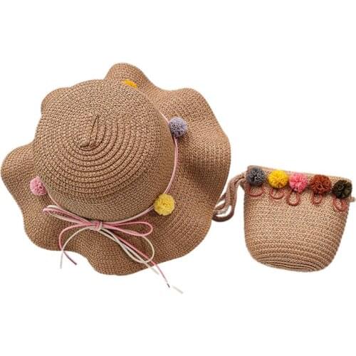 Summer Child Baby Girls Straw Woven Sun Hat with Portable Handbag Pouch Cute Cartoon Rabbit Pompom Sunscreen Beach Cap