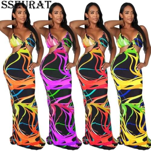 SSEURAT Women Print Spaghetti Strap Maxi Dress Backless Bodycon Club Night Party Sexy Pencil Dresses