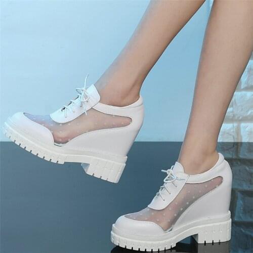 Casual Shoes Women Lace Up Genuine Leather Wedges High Heel Ankle Boots Female Round Toe Fashion Sneakers Breathable Lace Pumps