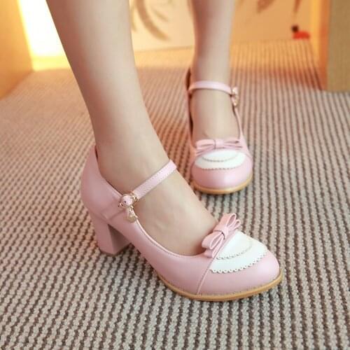 Female shoe heels womens shoes heel Lolita shoes bow thick crust Pink COS female student shoes tide med heels japanese shoes