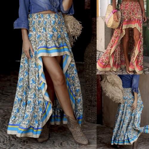 Casual Bohemian womens skirt with printed ruffles, irregular high waist, versatile length, 2021 summer fashion new seaside holi