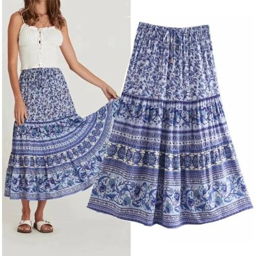 YVYVLOLO chic Hippie women floral peacock printed High Elastic Waist beach Bohemian skirt ladies Midi A-Line Boho skirt