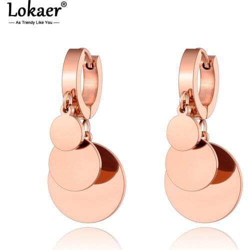 Lokaer Office Design Titanium Stainless Steel Bohemia Round Disc Earrings For Women Trendy Rose Gold Hoop Earrings E20248