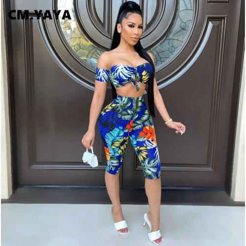 CM.YAYA Women Set Print Short Sleeve Strapless Crop Tops High Waist Elastic Calf-length Pants 2 Piece Set Summer Fashion Outfit