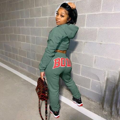 BODY Letters Print Hooded Two Piece Set Women 2020 Long Sleeve Winter Casual Sporty Loungewear Hoody And Sweatpants Tracksuits