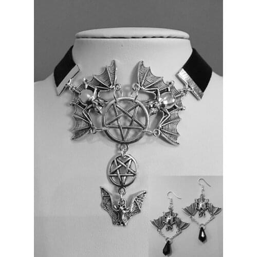 1/set Flying Bats and Inverted Pentagram, Black Velvet Choker.wicca Protection,wiccan Jewelry Gift Womens Necklace Earring