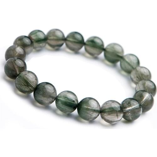 11mm Genuine Brazilian Natural Green Rutilated Quartz Crystal Clear Round Bead Stretch Bracelets Women Men