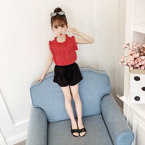 2021 Summer Baby Girls Clothes Chiffon Children Clothing Sets Red Sleeveless Top + Shorts 2Pcs Teenager 4 5 6 7 8 9 10 12 Years