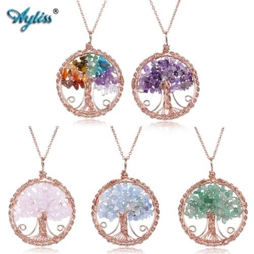 Ayliss Natural Crystal Stone Tree of Life Necklace Rose Gold Copper Wrapped Reiki Healing Gem Stones Energy Pendant Necklaces