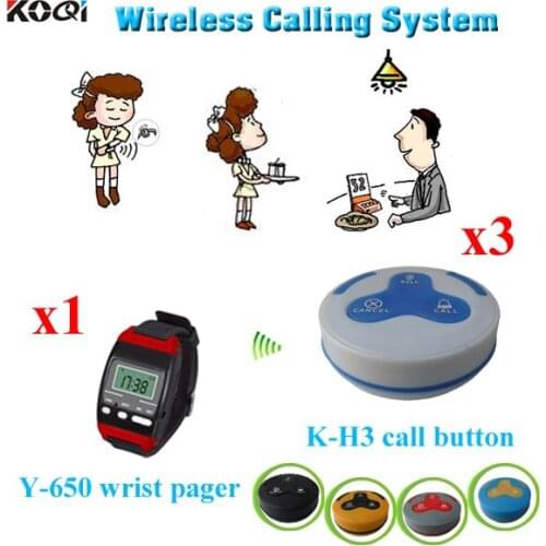 Wireless Service Bell System For Restaurant Waiter LED Watches Equipment With Low Price 1 wrist watch pager + 3 call button