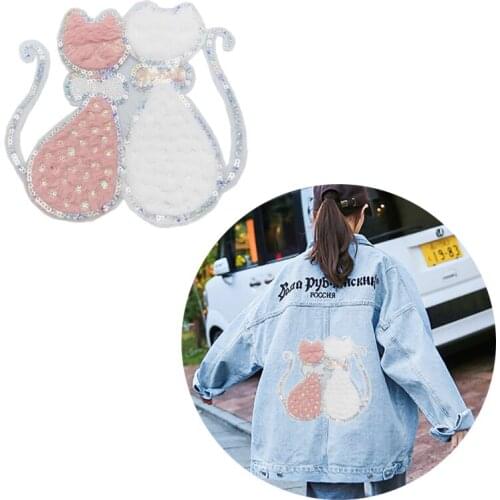 Sequins Pink White Cat Patches Sew On Towel Cat Applique for Clothes DIY Patch Bag Clothing Coat Sweater Crafts Stickers Decor