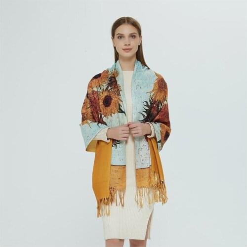 Two Sides New Cashmere scarf Fashion women Sunflower Oil Painting Digital Printing shawl and wraps bandana female foulard tassel