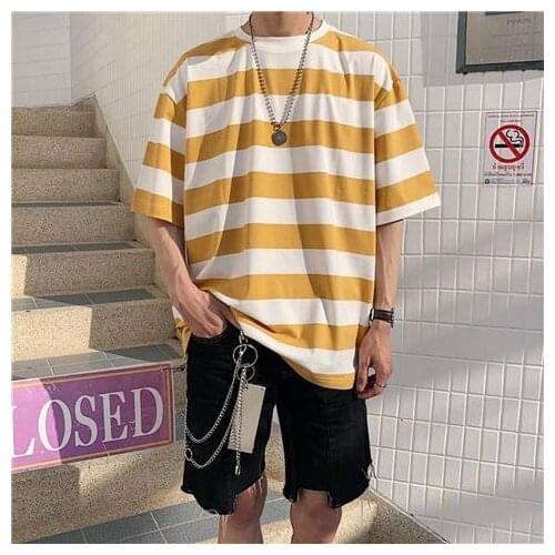 Men Streetwear Striped Tshirt 2020 Summer Mens Funny Hip Hop Loose T Shirt Male Vintage Fashion Tees Casual Yellow Tops