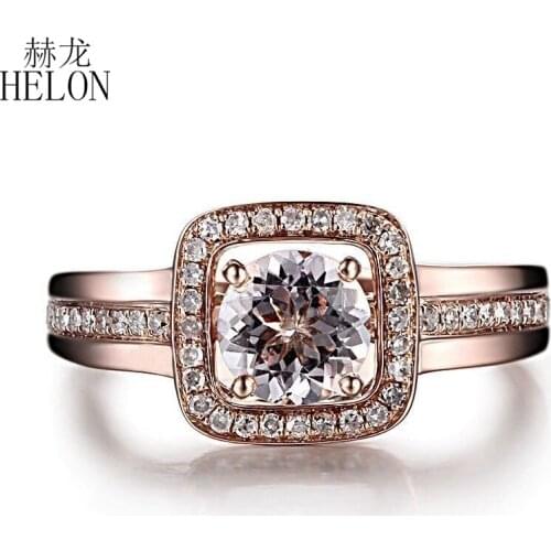 HELON Solid 14K AU585 Rose Gold Flawless Round 6mm Genuine Morganite Diamonds Engagement Wedding Ring Women Party Fine Jewelry