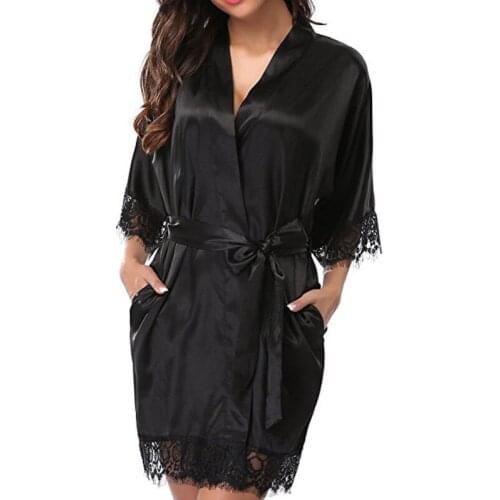Summer Womens Satin Strap Cardigan Long Pajamas Solid Color Smooth Surface Comfortable V-Neck Lace Stitching Pocket Pajamas