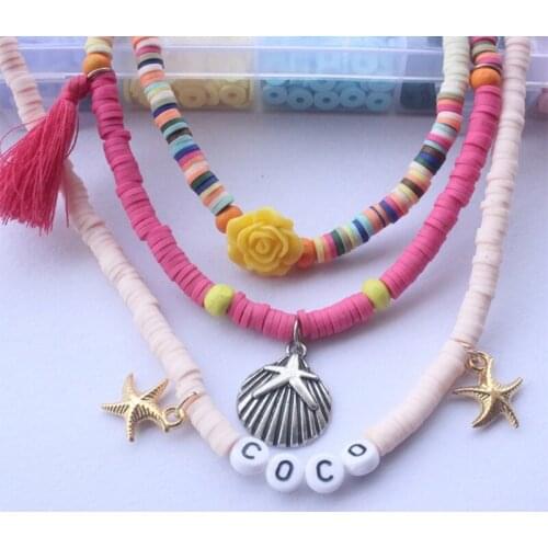 6XDA Flat Round Polymer Clay Spacer Beads Set for Jewelry Making Bracelets Necklace Earring DIY Craft Kit with Pendant