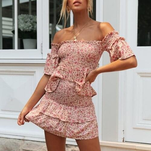 Foridol floral print dress 2 pieces skirt sets 2020 new summer beach off shoulder ruffle suits women pink beach bodycon sets