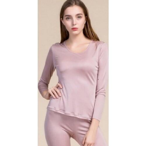 New silk thermal underwear set female round collar pure color 100% mulberry silk double knit long Johns